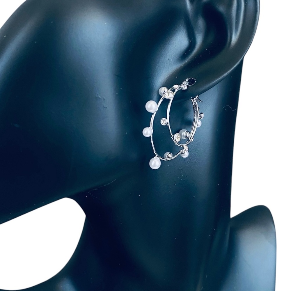 NEW Tory Burch SILVER Crystal Double Hoop Earrings Glass Pearls Rtl $245
